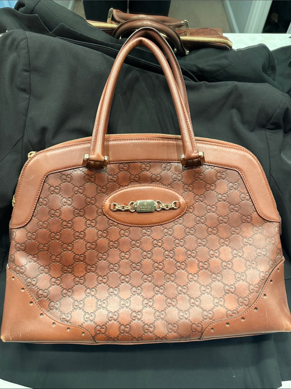 2008 Authentic Gucci Tan Brown GG Monogram Leather Satchel with Gold Hardware